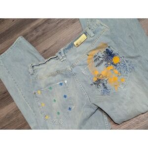 Enyce Mens Baggy Wide Leg Jeans Light Wash Flower Pocket Graphic Y2K 36